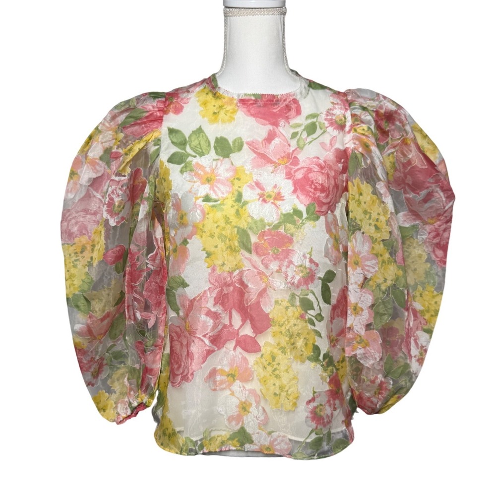 Olivaceous Floral Puff Sleeve Organza Blouse M Pink Yellow Excellent Sheer Top